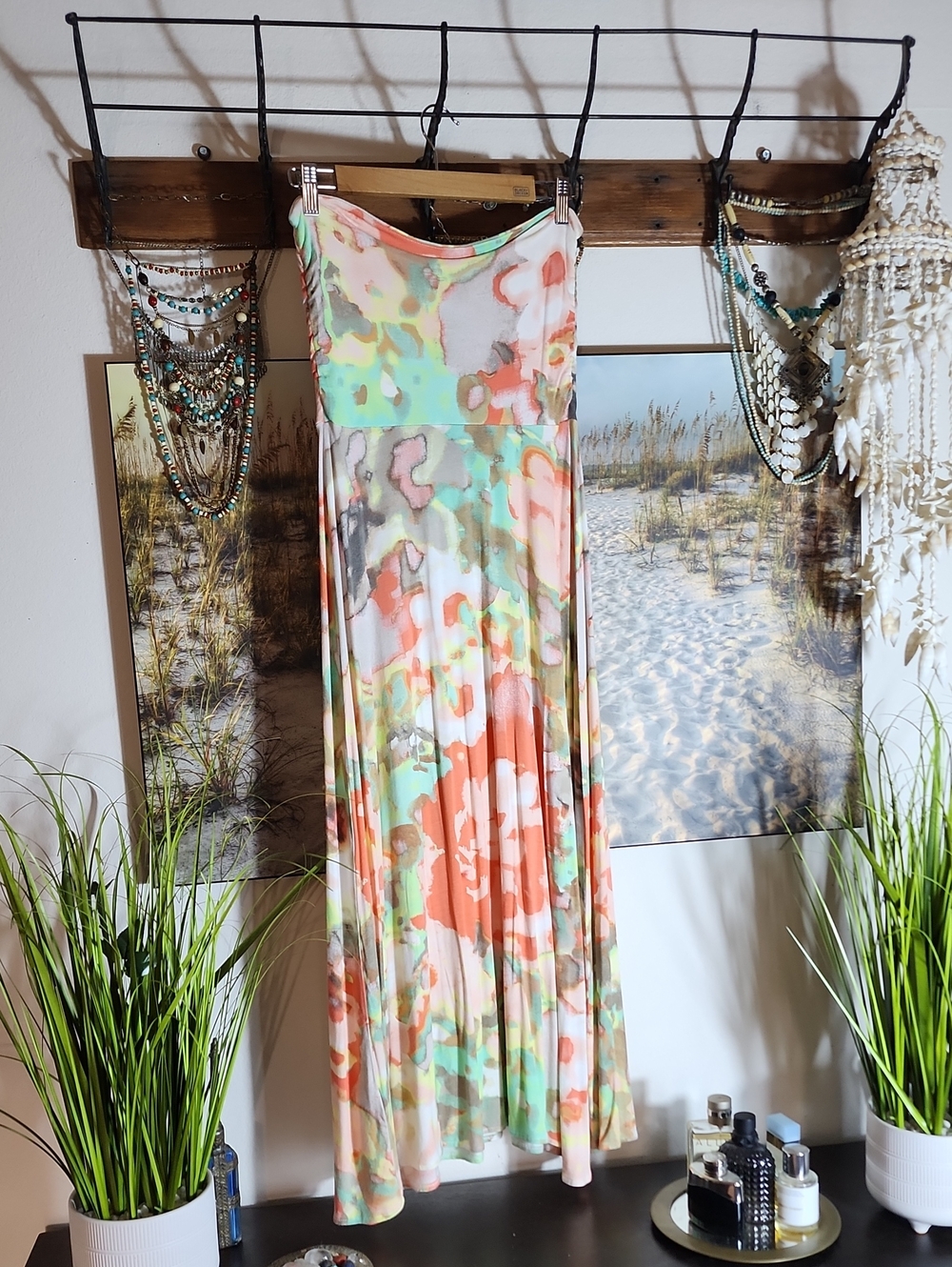 Floral Watercolor Strapless Maxi Dress in Coral, Mint & Cream
